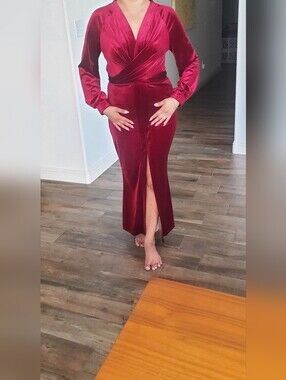 Elegant Velvet Burgundy Wrap Dress with Front Slit